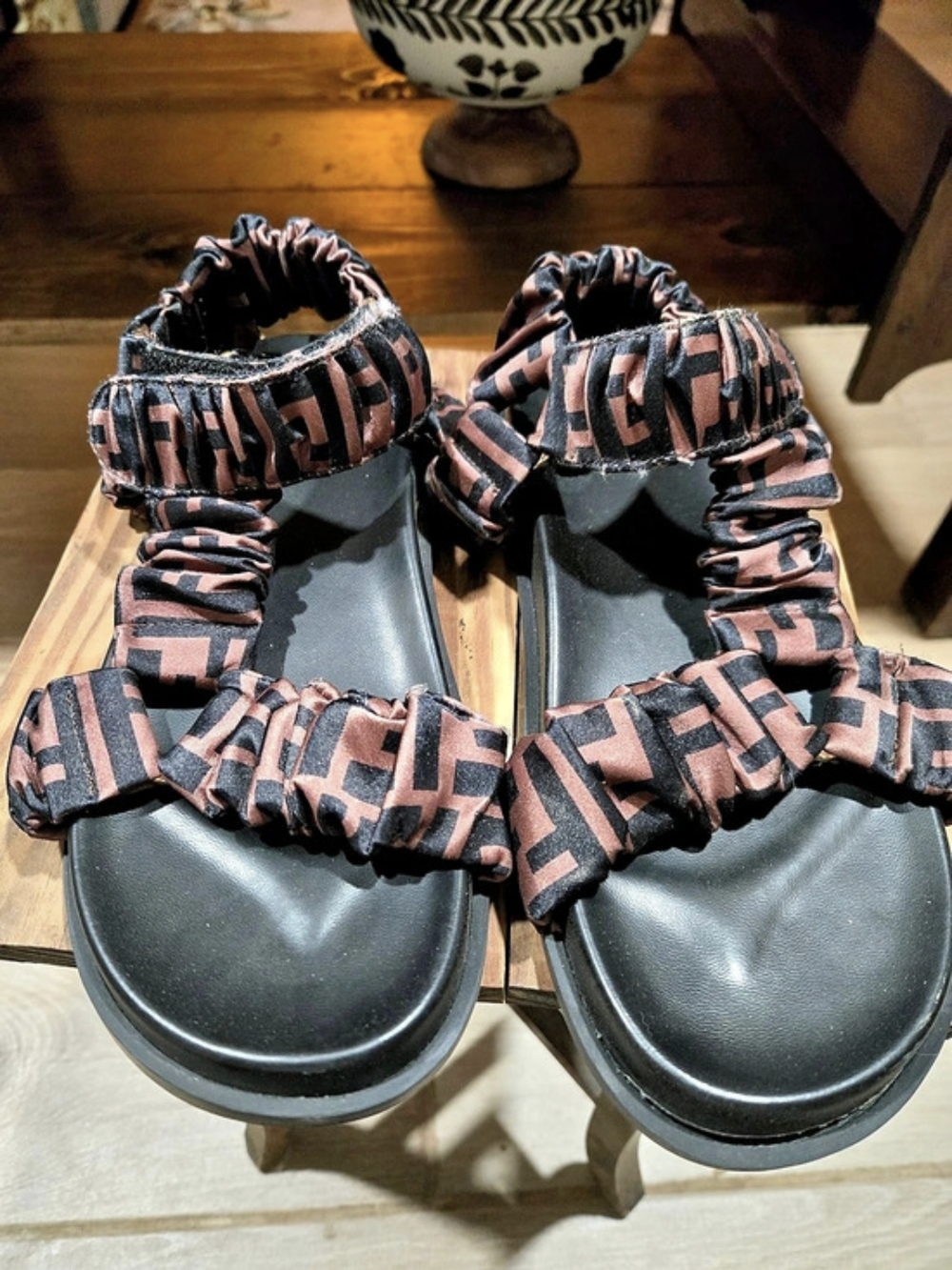 Fendi Printed Ruffle Strap Sandals in Black & Pink